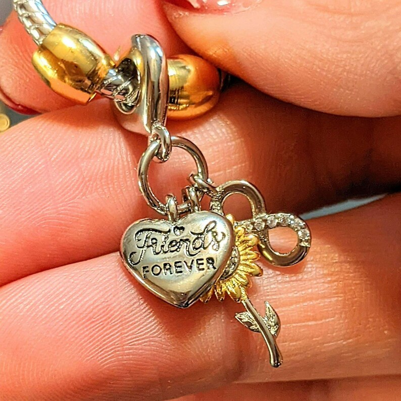 Friends Forever Sunflower Sterling Silver Toggle Charm Necklace, 20 inches - - LadybugfeetDesigns -