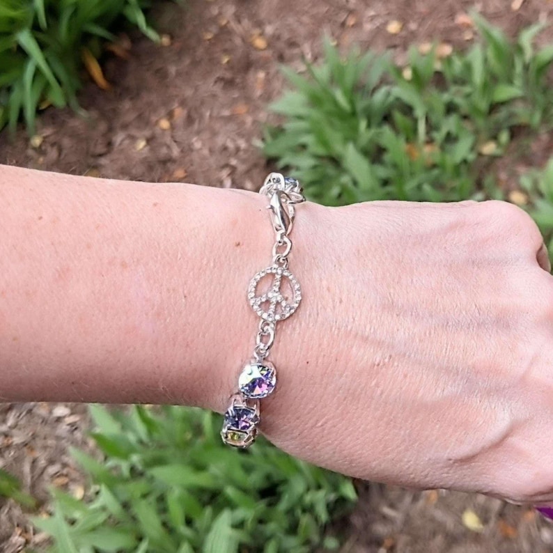 Peace Sign Faceted Crystal Bracelet - - LadybugfeetDesigns -