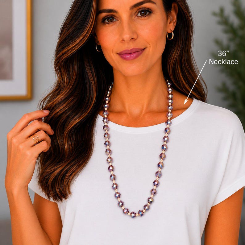 Shimmering Plum AB Crystal Knotted Necklace -36 inch - - LadybugfeetDesigns -