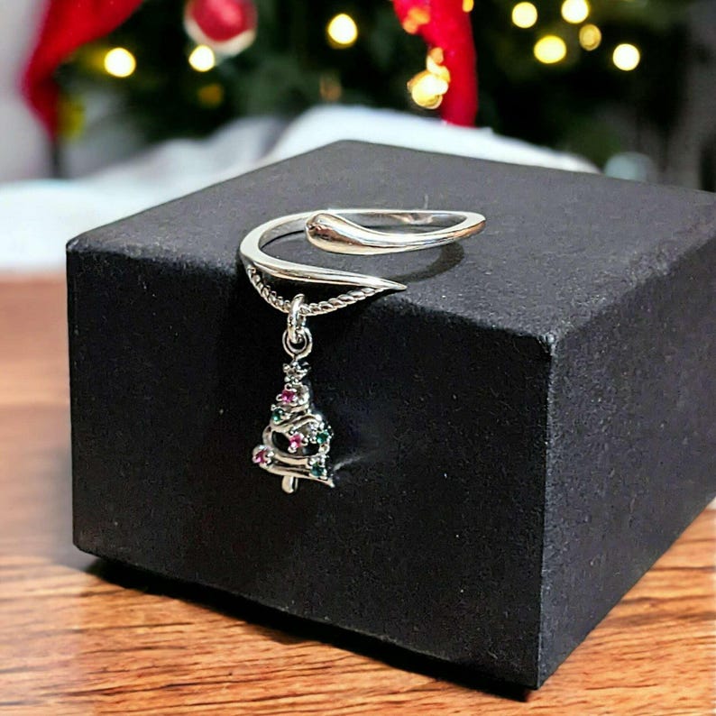 Christmas Tree Charm Dangle Wrap Ring - - LadybugfeetDesigns -