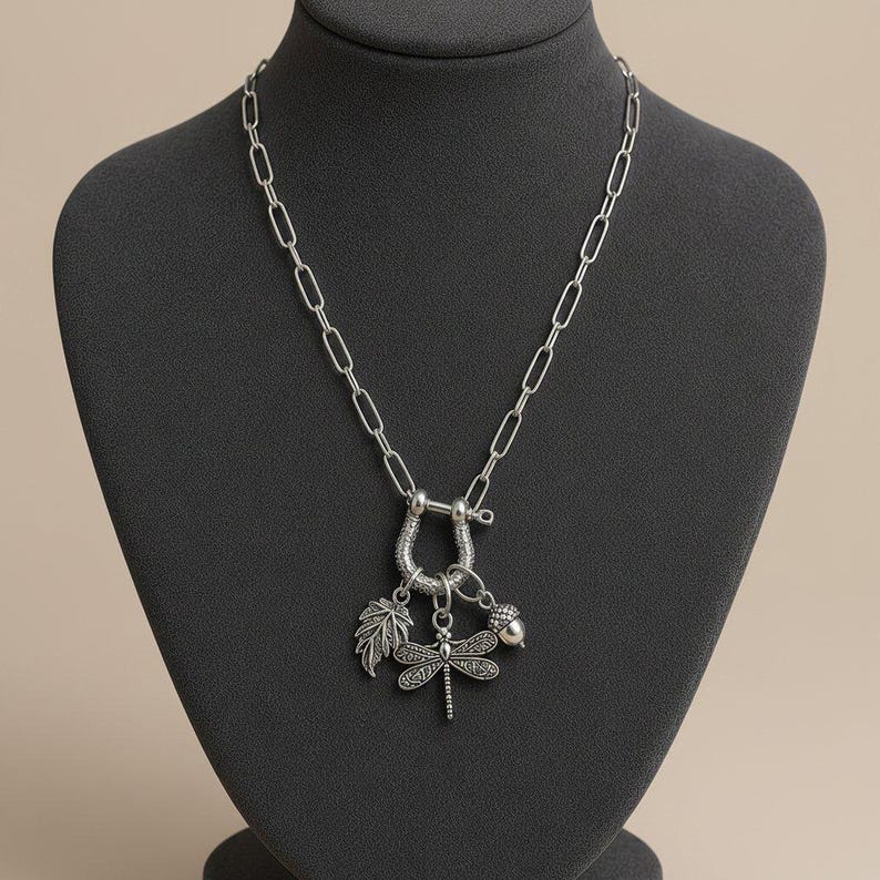 Forest Friends Dragonfly Shackle Clasp Carabiner Necklace, Silver - Adjusts up to 20 inches - - LadybugfeetDesigns -