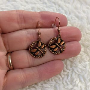 Dragonfly Circle dangle earrings, Copper/Rose Gold - - LadybugfeetDesigns -