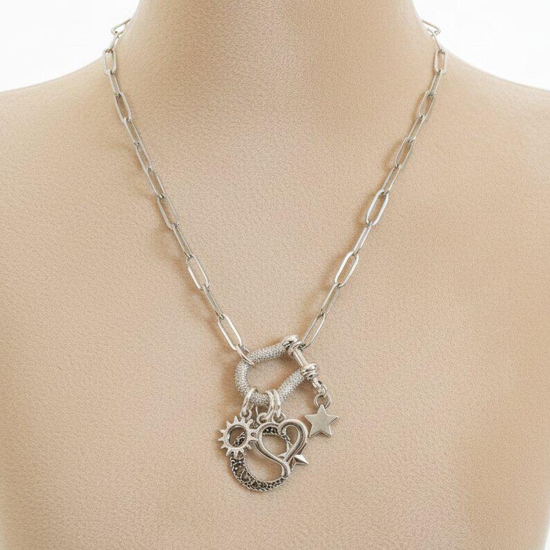 Celestial Crescent Moon and Heart Shackle Clasp Carabiner Necklace, Silver - 20 inch - - LadybugfeetDesigns -