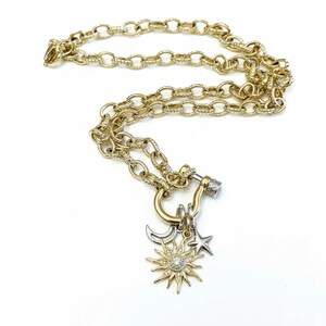 Gold CZ Sun and Silver Moon and Star Shackle Clasp Carabiner Necklace, Gold - 20 inch - - LadybugfeetDesigns -