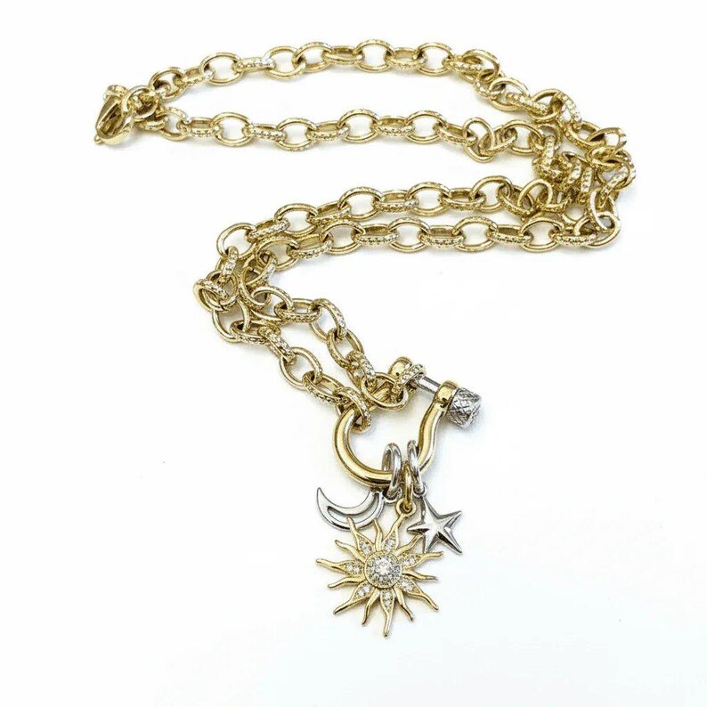 Gold CZ Sun and Silver Moon and Star Shackle Clasp Carabiner Necklace, Gold - 20 inch - - LadybugfeetDesigns -