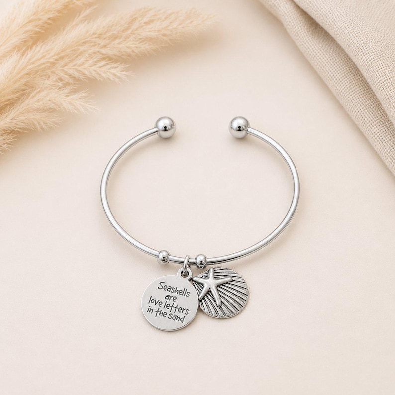 Seashells are Love Letters Euro Bangle Cuff, Silver - - LadybugfeetDesigns -