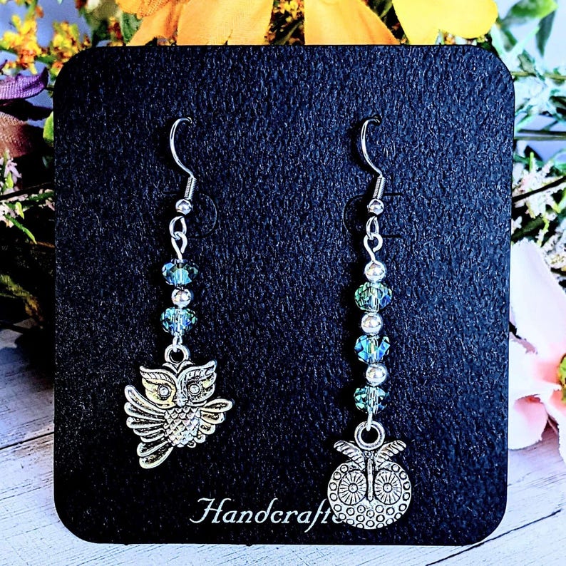Mismatched Owl crystal hook earrings - - LadybugfeetDesigns -
