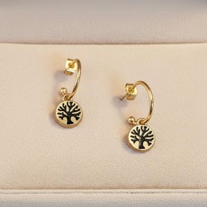 Tree of Life Gold Hoop earrings, Hoop Drop, 16mm - - LadybugfeetDesigns -