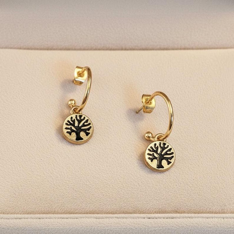 Tree of Life Gold Hoop earrings, Hoop Drop, 16mm - - LadybugfeetDesigns -