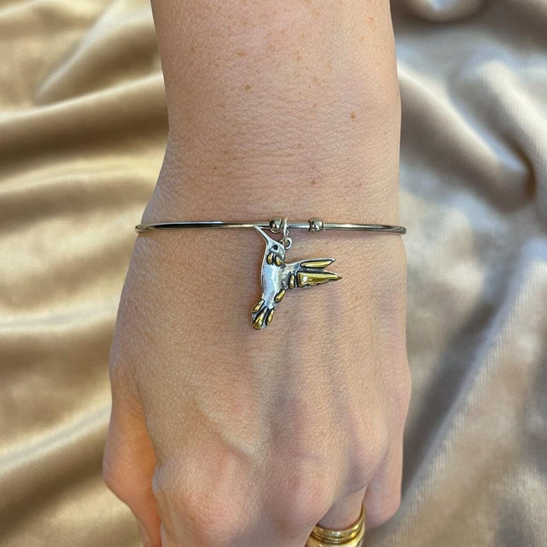 Hummingbird Euro Bangle Cuff, Silver - - LadybugfeetDesigns -