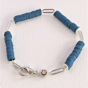 Dark Blue Smiley Stainless Steel Paperclip Chain Bracelet - - LadybugfeetDesigns -