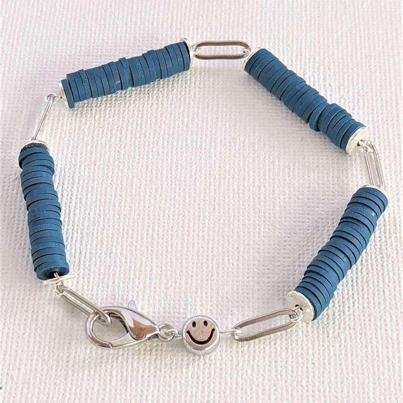 Dark Blue Smiley Stainless Steel Paperclip Chain Bracelet - - LadybugfeetDesigns -