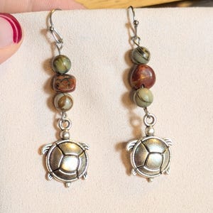 Turtle Red Creek Jasper Hook Earrings, Silver - - LadybugfeetDesigns -