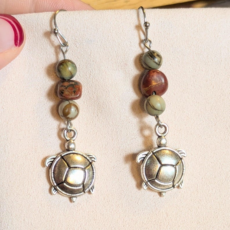 Turtle Red Creek Jasper Hook Earrings, Silver - - LadybugfeetDesigns -