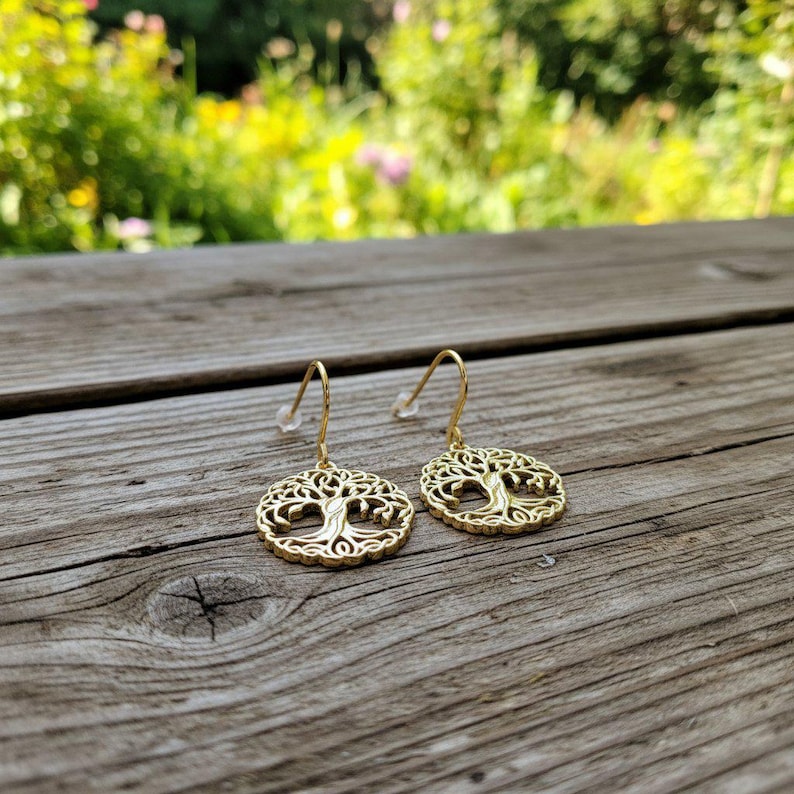 Tree of Life dangle earrings, gold plated - - LadybugfeetDesigns -