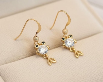CZ Goldfish Koi dangle earrings, Gold