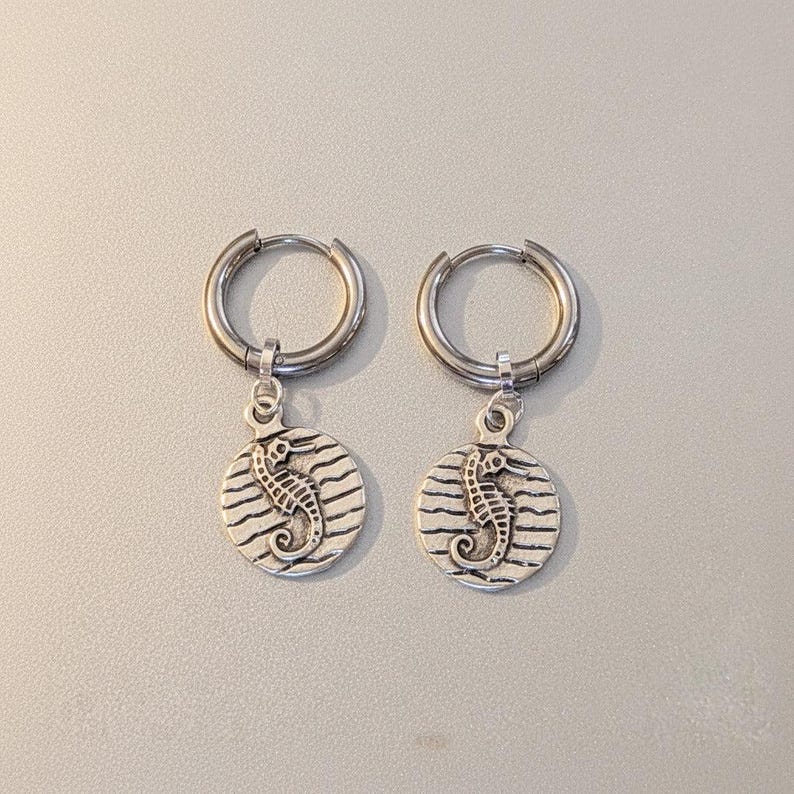 Seahorse Disc Hoop Huggie Earrings, Silver - 12mm - - LadybugfeetDesigns -