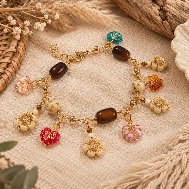 Boho Bloom Crystal Bead Bracelet, Gold - - LadybugfeetDesigns -