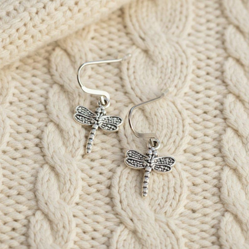 Tiny Dragonfly hook Earrings, Silver - - LadybugfeetDesigns -