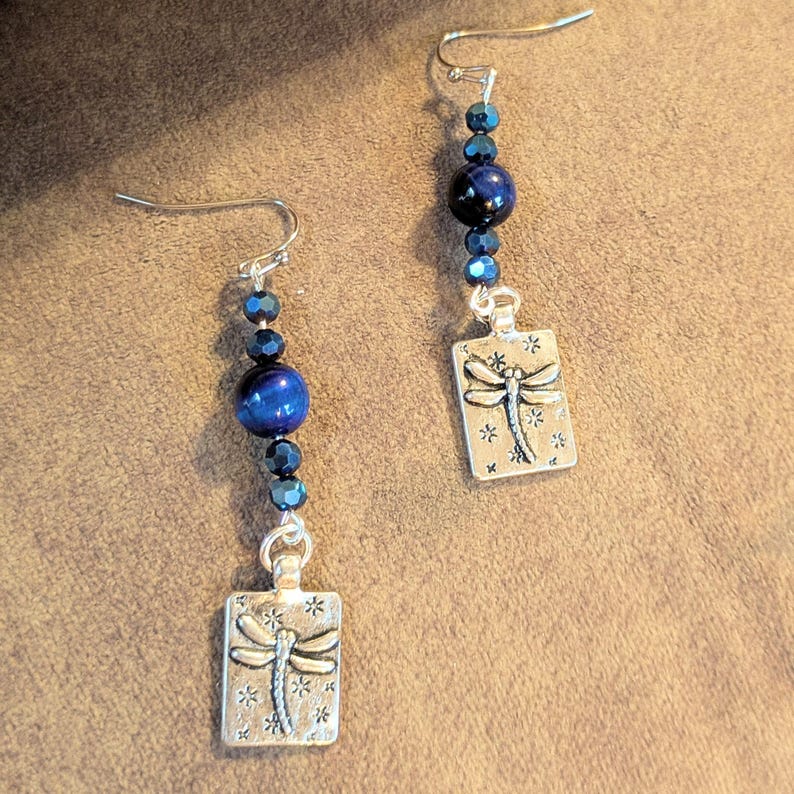 Blue Tiger's Eye Beaded Dragonfly Earrings - - LadybugfeetDesigns -