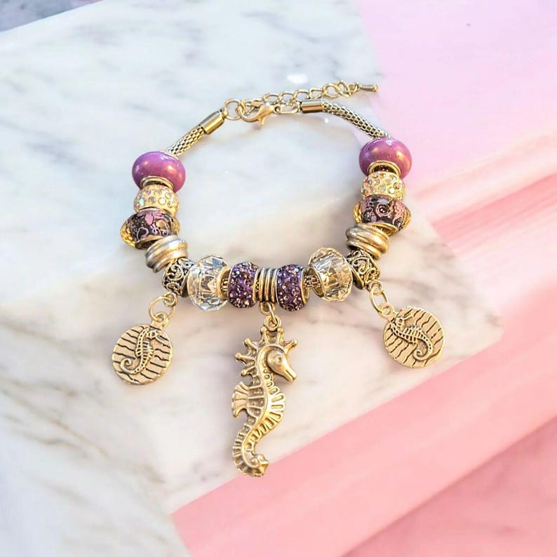 Seahorse European beaded bracelet, Silver - - LadybugfeetDesigns -