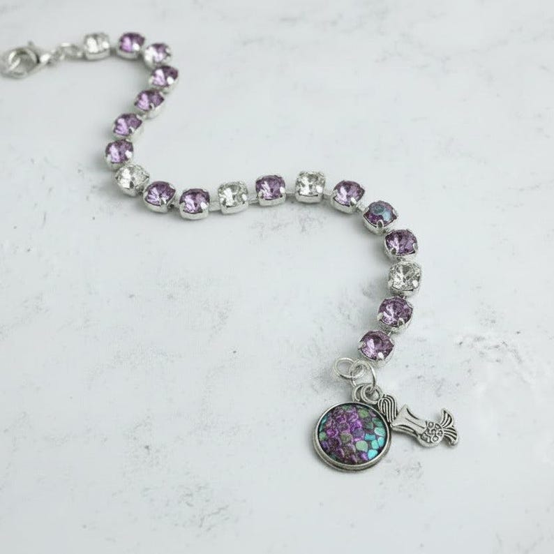 Mermaid Faceted Crystal Bracelet, Silver - - LadybugfeetDesigns -