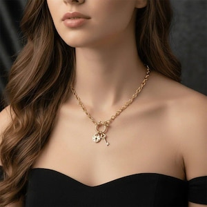 Heart Lock and Key Shackle Clasp Carabiner Necklace, Gold - Adjusts up to 20 inches - - LadybugfeetDesigns -