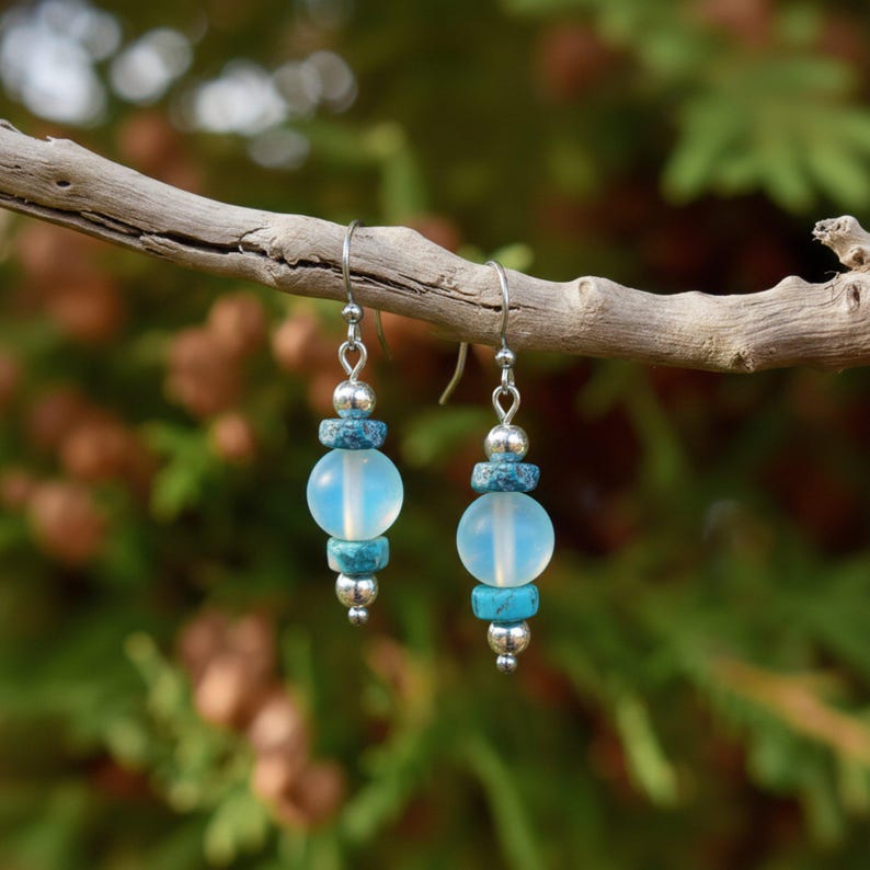 Turquoise/Blue Rainbow Glass Beaded Hook Earrings - - LadybugfeetDesigns -