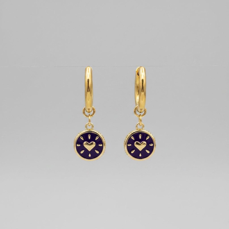 Blue Circle Heart Hoop earrings, Gold - 12mm - - LadybugfeetDesigns -