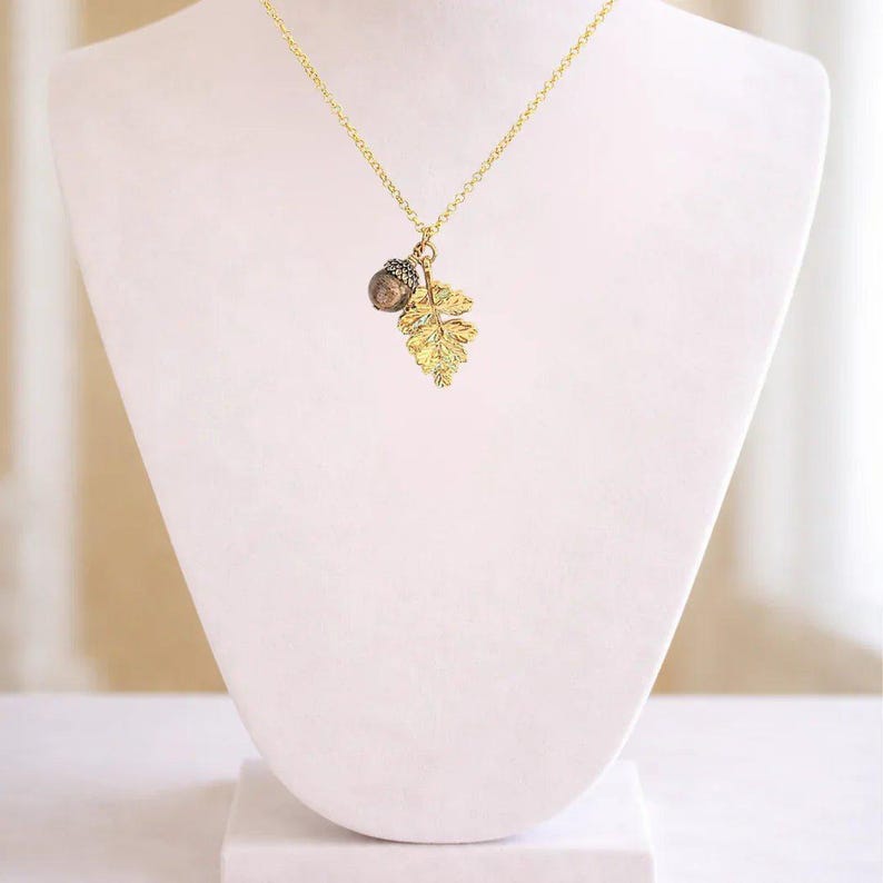 Acorn Oak Leaf Necklace, Gold - - LadybugfeetDesigns -