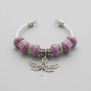 Lavender Beaded Dragonfly Euro Cuff Bangle, European Charm Bracelet - - LadybugfeetDesigns -