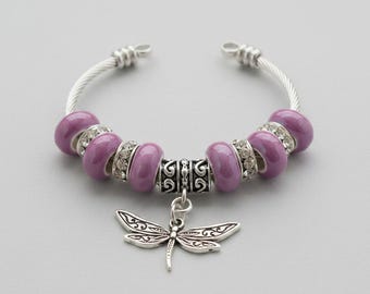 Lavender Beaded Dragonfly Euro Cuff Bangle, Silver
