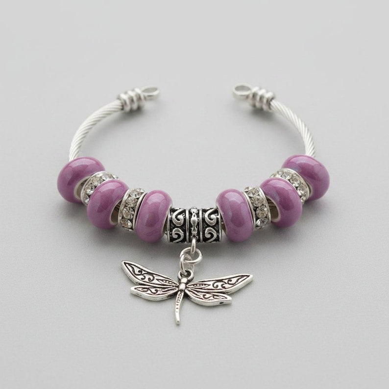 Lavender Beaded Dragonfly Euro Cuff Bangle, European Charm Bracelet - - LadybugfeetDesigns -