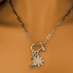 Celestial Moon Face, CZ Sun and Star Shackle Clasp Carabiner Necklace, Silver - 20 inch - - LadybugfeetDesigns -