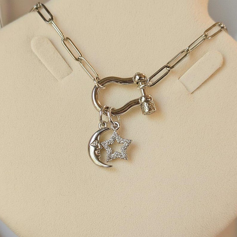 Celestial Moon CZ Star Shackle Clasp Carabiner Necklace, Silver - 20 inch - - LadybugfeetDesigns -