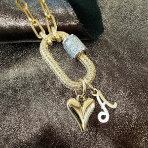 Gold Initial Heart Carabiner Necklace - 20 inch - - LadybugfeetDesigns -