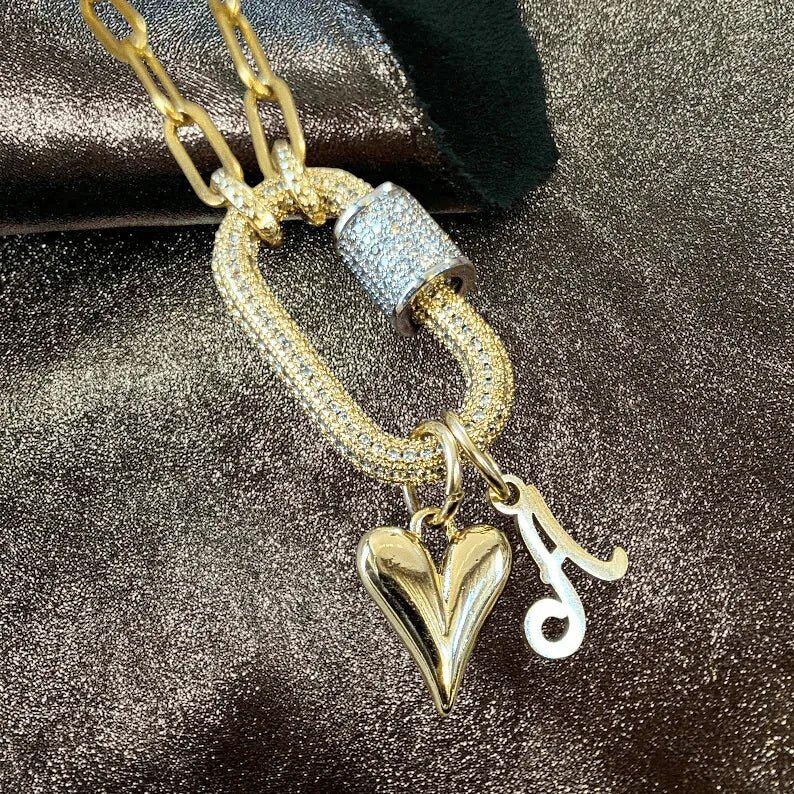 Gold Initial Heart Carabiner Necklace - 20 inch - - LadybugfeetDesigns -
