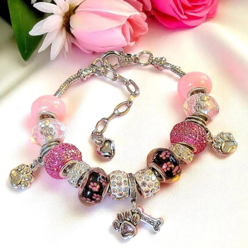 Dog Paw European beaded bracelet - Silver - - LadybugfeetDesigns -