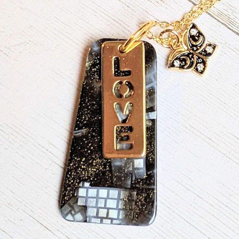 Gold Love Tag necklace, 24 inch - - LadybugfeetDesigns -