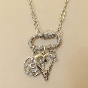 Romantic Rose, Heart, Diamond Ring Carabiner Necklace, Silver - Adjusts up to 20 inches - - LadybugfeetDesigns -