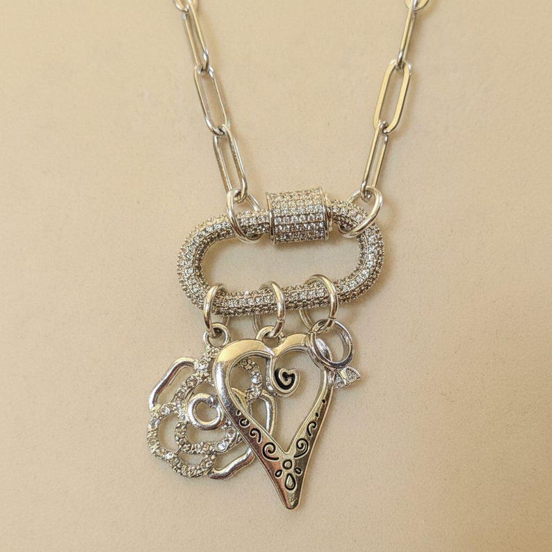 Romantic Rose, Heart, Diamond Ring Carabiner Necklace, Silver - Adjusts up to 20 inches - - LadybugfeetDesigns -