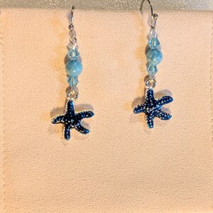 Blue Starfish Larimar Beaded Hook Earrings, Silver - - LadybugfeetDesigns -
