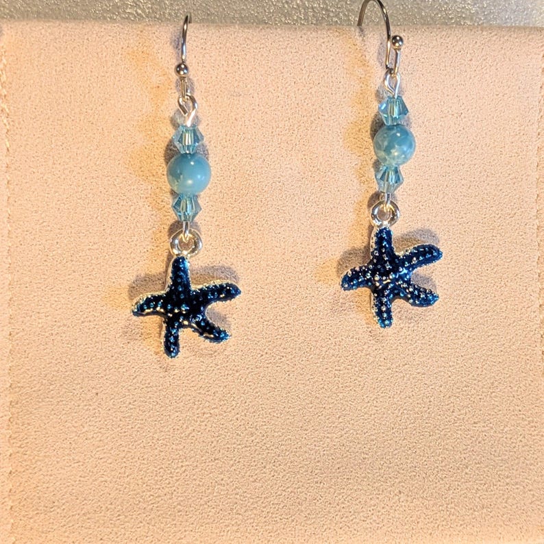 Blue Starfish Larimar Beaded Hook Earrings, Silver - - LadybugfeetDesigns -