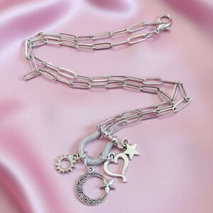 Celestial Crescent Moon and Heart Shackle Clasp Carabiner Necklace, Silver - Adjusts up to 20 inches - - LadybugfeetDesigns -