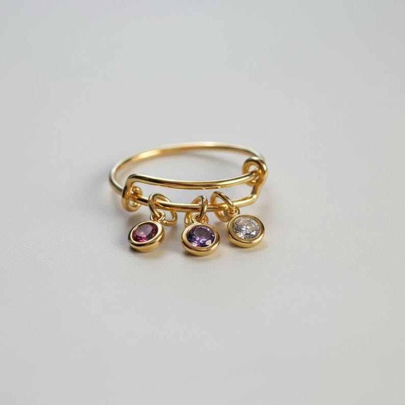 Mother's Birthstone Charm Ring, Adjustable, 14k Gold-Filled - - LadybugfeetDesigns -