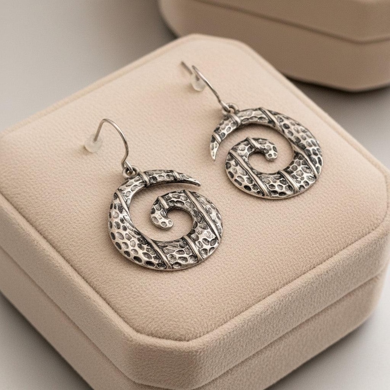 Hammered Swirl Earrings, Silver - - LadybugfeetDesigns -