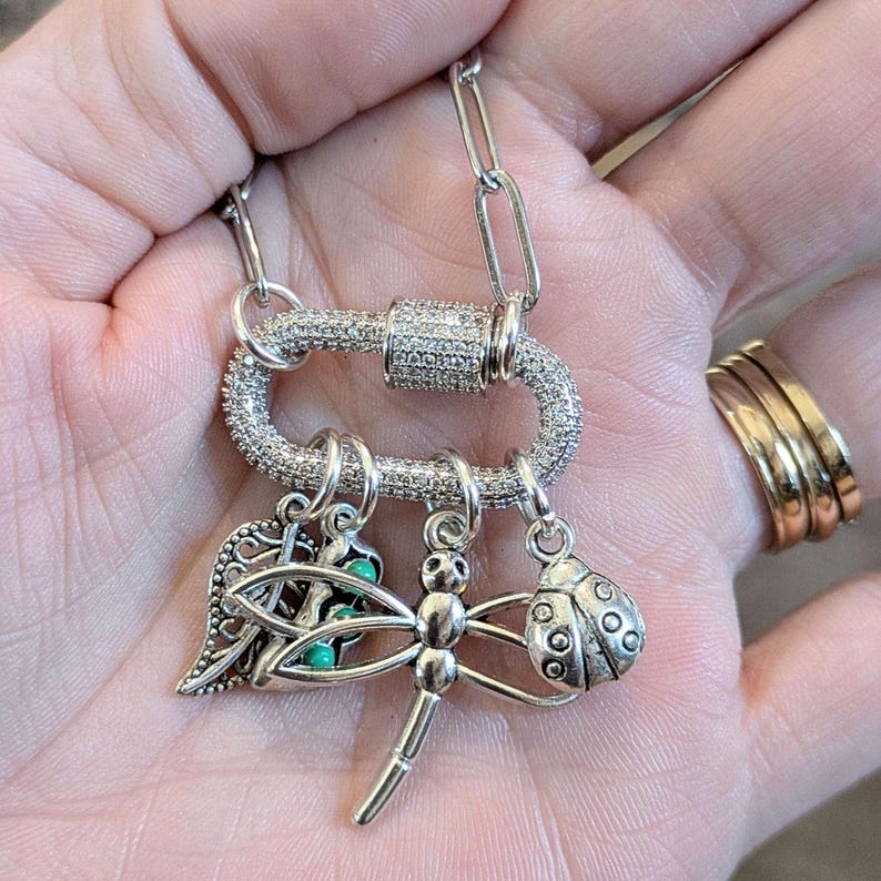 Large Dragonfly, Garden Friends Carabiner Necklace, Silver - Adjusts up to 20 inches - - LadybugfeetDesigns -