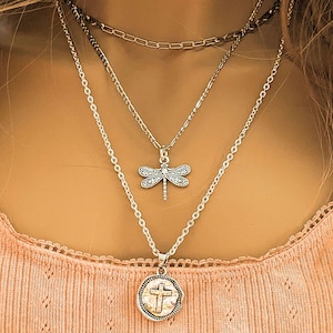 Dragonfly Cross Layered Necklace Set, Silver - - LadybugfeetDesigns -