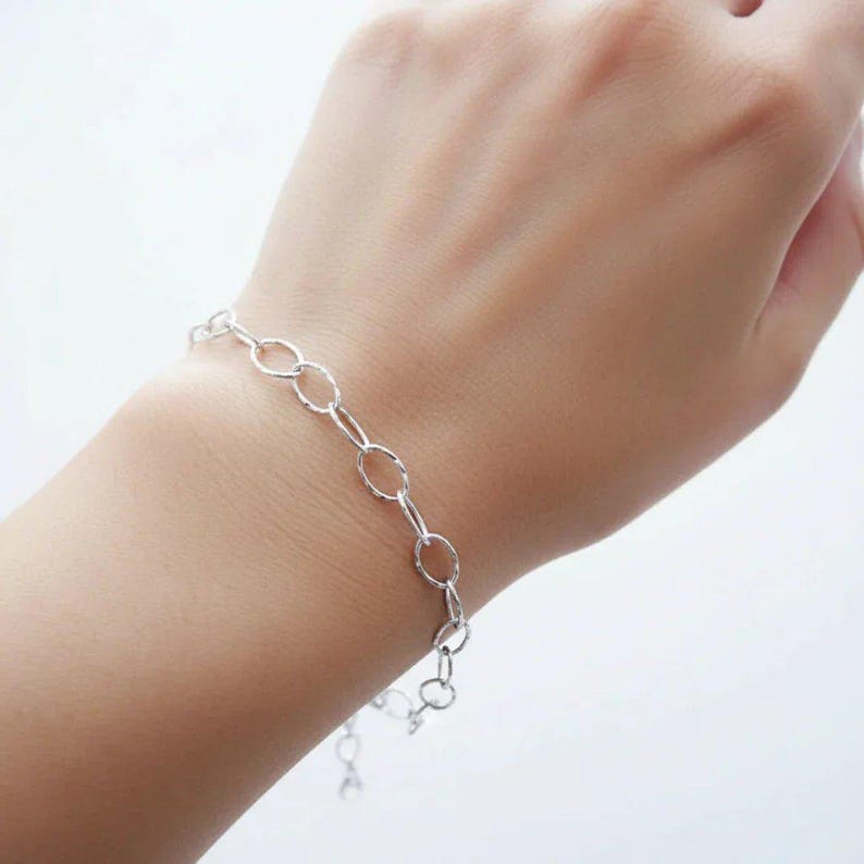 925 Sterling Silver Hammered Oval Link Charm Bracelet Base - D.i.y. - Build Your Charm Bracelet! - - LadybugfeetDesigns -