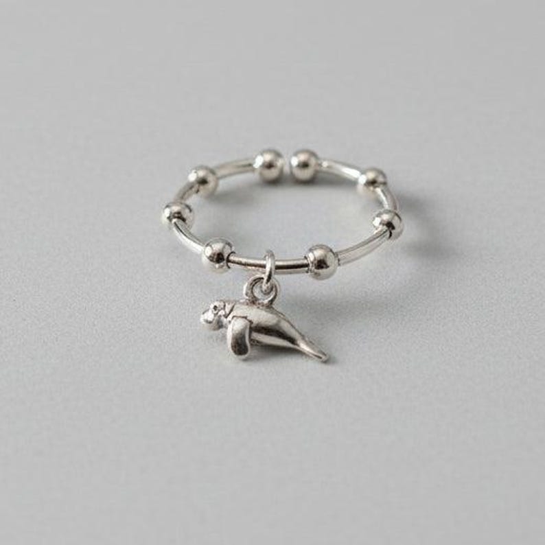 Sterling Silver Manatee Adjustable Charm Ring - - LadybugfeetDesigns -